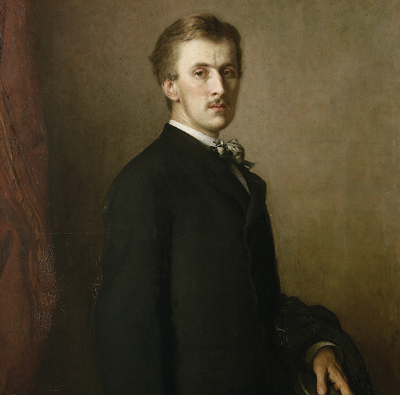 Portret Konstantego Zamoyskiego, Horowitz Leopold, Polska; 1877 r.; Materiał/technika: płótno/olej; wymiary: 125 x 93 centymetrów; fragment Portret młodego mężczyzny w ujęciu do kolan, tułów lekko skręcony w prawo, głowa i wzrok skierowany na wprost. Włosy jasne, krótkie, zaczesane w lewo. Twarz pociągła, nos prosty, nad wąskimi ustami niewielki wąsik. Prawy profil twarzy lekko schowany w cieniu. Ubrany w ciemny garnitur z wpiętym w klapę marynarki kwiatem. Obraz oprawiony w bogato rzeźbioną i złoconą ramę.