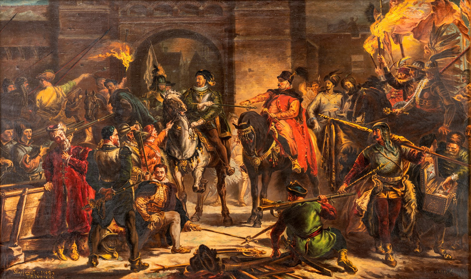 Tomasz Wiśnicki, „Jan Zamoyski pod Byczyną”, kopia według dzieła Jana Matejki; Polska, 1902, 140 x 90cm; płótno, olej Dzieło przedstawia scenę pojmania do niewoli arcyksięcia Maksymiliana Habsburga przez Jana Zamoyskiego podczas bitwy pod Byczyną, która miała miejsce w 1588 roku. Do walki stanęli wówczas zwolennicy kandydatów do tronu polskiego: Maksymiliana Habsburga i Zygmunta Wazy. Obraz ma kształt poziomego prostokąta. Jest kompozycją wielofiguralną z podziałem postaci na dwie grupy, z lewej i prawej strony. W centrum dwaj siedzący na koniach mężczyźni – ten z lewej, arcyksiążę, wręcza Janowi Zamoyskiemu (z prawej) miecz jako znak poddania się. Z lewej strony obrazu grupa postaci w różnych pozach i strojach, z wyciągniętymi lancami i muszkietami. Ich twarze wyrażają smutek, gniew, rozczarowanie i zdumienie klęską. Są to zwolennicy Habsburga. Prawą stronę zapełniają zwolennicy Zygmunta Wazy. Siedzą na koniach, są triumfujący i radośni. W prawym górnym rogu postacie rycerzy w zbrojach husarii. Trzymają płonące pochodnie. Poniżej rycerz niosący zdobytą chorągiew, obok niego mężczyzna w stroju szlachcica zaglądający do skrzyni z dokumentami. U dołu postać siedzącego tyłem do widza mężczyzny patrzącego w stronę przeciwników. W tle mury miasta z bramą wjazdową. Na obrazie przeważają ciepłe barwy, dominują brązy, żółcie i czerwienie.