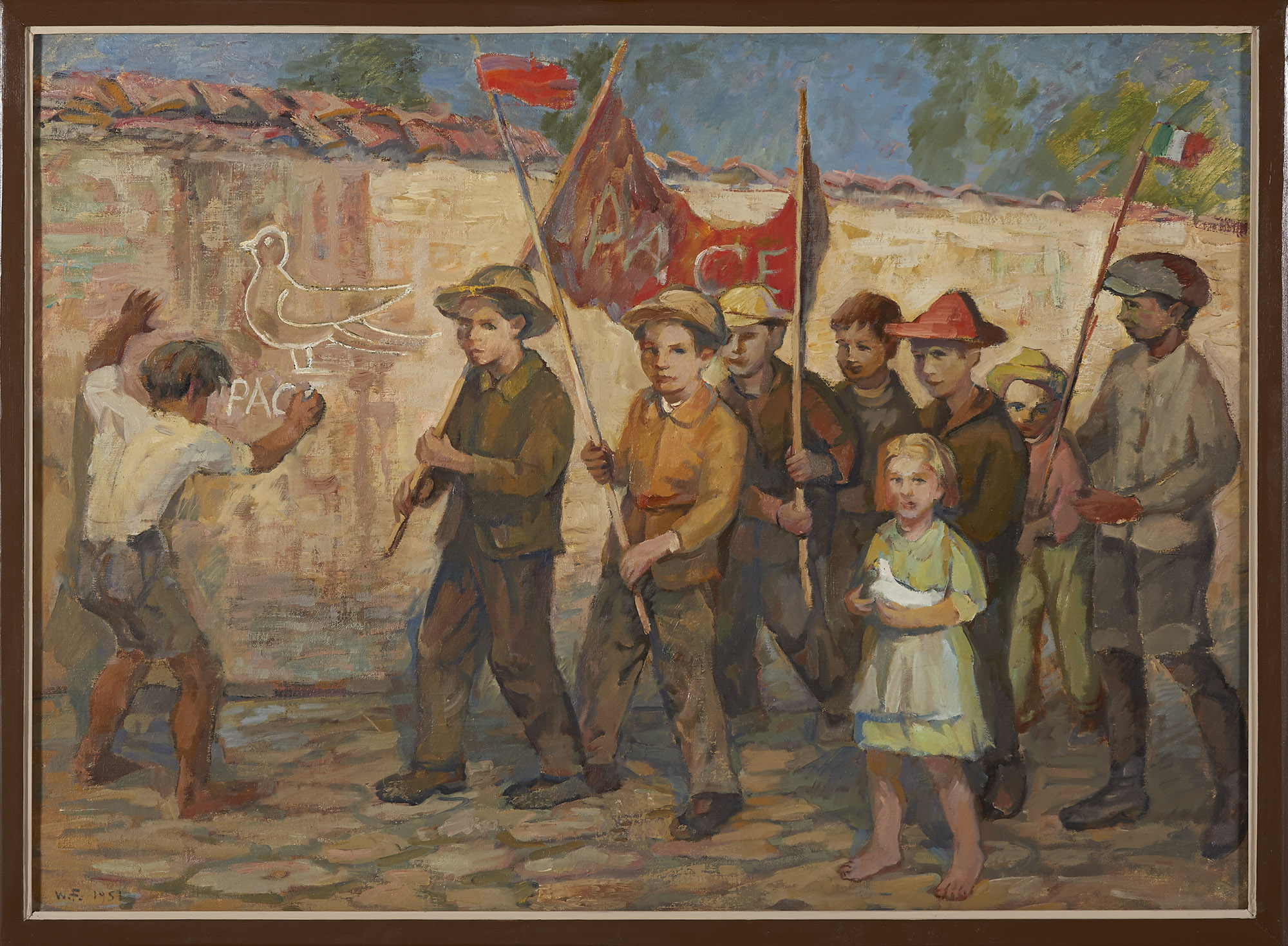 Władysław Filipiak, „Manifestacja pokojowa dzieci włoskich”, 1951, olej, płótno, nr inw. MPK/SW/871 Obraz namalowany farbami olejnymi na płótnie z 1951 roku, autorstwa Władysław Filipiak, zatytułowany Manifestacja pokojowa dzieci włoskich. Na pierwszym planie grupa dzieci. Po lewej odwrócony tyłem, oparty o mur bosy chłopiec rysuje białą kredą na murze gołębia i napis: PACE. Po lewej grupa 7 chłopców i mała bosa dziewczynka z białym gołąbkiem w dłoniach. Na czele grupy chłopiec trzymający w rękach czerwony proporzec, obok niego dwaj inni z czerwonym transparentem z napisem: PACE. Z tyłu czterej chłopcy, z których najmniejszy trzyma wysoki proporzec z włoską flagą. W tle, przez całą szerokości kompozycji, widoczna droga wybrukowana kamieniami oraz jasny mur kryty czerwoną dachówką, nad którym skrawek nieba i fragmenty drzew.