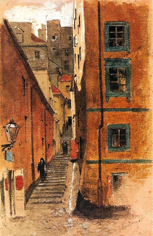 Maksymilian Gierymski, „Ulica Kamienne Schodki w Warszawie”, 1870–1872, gwasz, papier 21,5 x 16 cm, https://pl.wikipedia.org/wiki/Ulica_Kamienne_Schodki_w_Warszawie#/media/Plik:Gierymski_Stone Gwasz Maksymiliana Gierymskiego przedstawia ulicę kamienne Schodki w odmienny od Kopczyńskiego sposób – tam rozedrgany, kręty dukt pędzla – tu hieratyczność zwartych brył kamienic, włoska kolorystyka palonej sieny, soczystych ugrów oraz ochry - dominuje jednostajne światło.