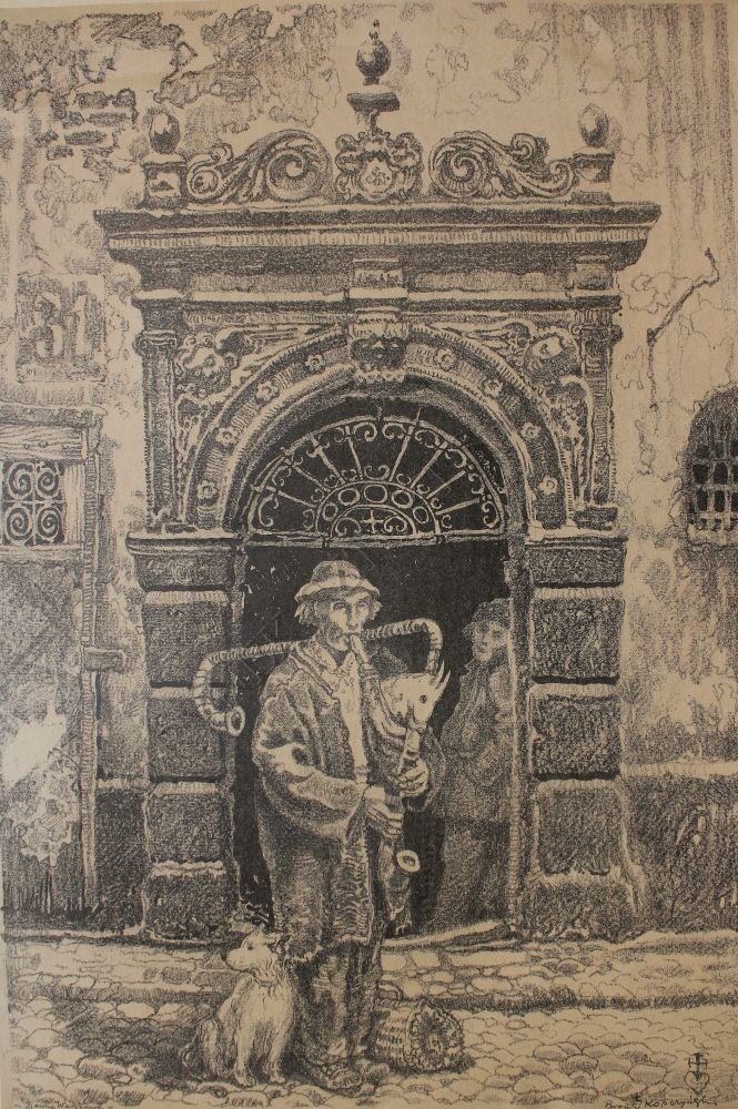 Bronisław Kopczyński, „Dawna Warszawa. Kobziarz”, litografia, 48,5 x 32,5 cm” https://www.google.com/search?client=firefox-b-d&q=bronis%C5%82aw+kopczy%C5%84ski#vhid=kaT7b3LoseaoxM&vssid=l Czarno – biała litografia z cyklu dawna Warszawa, podtytuł „Kobziarz”, przedstawia postać starszego mężczyzny ubranego z chłopska z kobzą pod lewym bokiem, w którą dmie. Z prawej strony, przy nodze kobziarza siedzi średniej wielkości kundelek i spogląda z zaciekawieniem w lewą stronę. Przy prawej nodze mężczyzny pleciony koszyk w kształcie walca z uchwytem. Cała scenka za tło ma bogato zdobiony, późnorenesansowy portal kamienicy pod św. Anną w Rynku Starego Miasta w Warszawie. Kute odrzwia są otwarte, a o ich framugę oparty jest drugi, młodszy mężczyzna przysłuchujący się koncertowi.