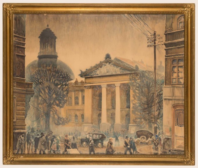Bronisław Kopczyński, „Pałac Sztuki” (Gmach Warszawskiej Zachęty Sztuk Pięknych), 1922 r., akwarela, papier, 80 x 100 cm https://www.dwutygodnik.com/artykul/10452-ten-obraz.html Akwarela pokazuje w sposób realistyczny elewację frontową budynku warszawskiej Zachęty, w stylu późnego historyzmu. Wypełnia on całą środkową część obrazu na drugim planie. Po lewej stronie fragment klasycystycznego Kościoła Ewangelickiego p.w. św. Trójcy. Centralny plan pierwszy to ruchliwa warszawska ulica lat-20 – spieszący w różnych kierunkach ludzie, stylowe automobile – pora jest zimowa, więc w ubiorach widzimy charakterystyczną dla tych lat modę kobiecą i męską – obfite paltoty ozdobione futrem. Ramami kompozycji są ukazane na pierwszym planie naroża wielkomiejskich kamienic.