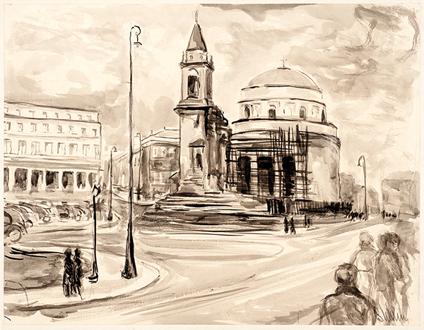 3. Bronisława Wilimowska, „Plac Trzech Krzyży”, ok.1951, tusz, ołówek, papier; 34,5 x 44,8 cm; nr inw. MPK/SW/970; przekaz CBWA w Warszawie 1965Bronisława 3. Przedstawienie tuszem i ołówkiem Placu Trzech Krzyży w Warszawie. Drobiazgowe, niemal fotograficzne odwzorowanie ronda z kościołem pw. świętego Aleksandra i części zabudowań ministerialnych w tle. Na pierwszym planie ujęte do połowy, sylwetki przechodniów. Dominanta w postaci wysmukłej, ulicznej latarni daje perspektywiczny kontekst dla wieży kościoła.