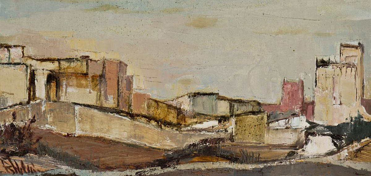 5. Bronisława Wilimowska,” Pejzaż z Hiszpanii II”, 1971, olej, płótno; 40 cm x 80 cm 5. Widok miasteczka w Hiszpanii, z charakterystyczną dla Andaluzji średniowieczną zabudową. Wysokie domki, z płaskimi dachami. Całość ujęta syntetycznie, wręcz kubistycznie. Kompozycja z grupami domów po obu stronach obrazu, środkiem obniża się pozwalając niebu i powietrzu na wypełnienie jej lekkością.
