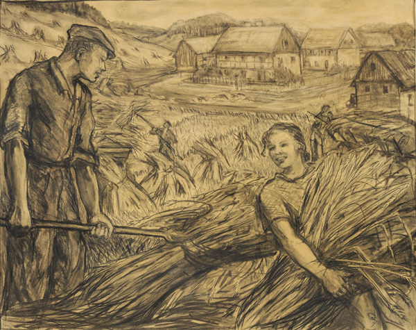 7. Bronisława, Wilimowska, „Zagospodarowanie Ziem Zachodnich” („Zagospodarowanie Ziem Odzyskanych”), ok.1952, węgiel, papier; 39x49 cm; nr inw. MPK/SW/489, przekaz CBWA w Warszawie 1962 Tytułowa praca przedstawia parę młodych ludzi przy żniwach. Mężczyzna stoi, w rękach trzyma widły. Kobieta pochylona, związuje snopek. Na drugim sylwety ludzi pracujących przy żniwach. Na dalszym planie pagórkowaty teren z wiejską zabudową szachulcową typową dla tego regionu.