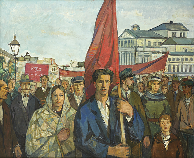 Demonstracja przeciw wojnie ze Związkiem Radzieckim, Franciszek Barącz, ok. 1955 r.; własność Muzeum Zamoyskich w Kozłówce Na pierwszym planie tłum demonstrantów. W centrum kompozycji młody robotnik w niebieskiej marynarce, z czerwonym sztandarem,na lewo od niego młoda kobieta w szaroniebiesko-żółtej chuście. W głębi po lewej czerwony transparent z napisem: "PRECZ Z WOJNĄ ZABORCZĄ". W tle architektura z wielkim klasycystycznym gmachem.