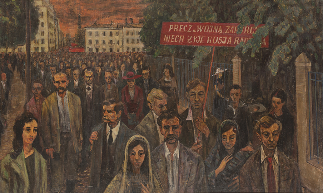 Demonstracja ludu Warszawy w 1921 r., Bogusław Szwacz, 1955 r.; własność Muzeum Zamoyskich w Kozłówce Tłum demonstrantów, który zapełnia plac i wychodzącą z niego ulicę. W centrum kompozycji na pierwszym planie nieco po prawo blondyn z czerwonym transparentem: PRECZ Z WOJNĄ ZABORCZĄ/NIECH ŻYJE ROSJA RADZIECKA. Na prawo od niego kobieta z dzieckiem na rękach. Po prawej fragment parku, za jego ogrodzeniem
kobieta z wózkiem dziecięcym. W głębi kilkupiętrowe kamienice, kominy fabryczne i fragment szaro-pomarańczowego
nieba.
