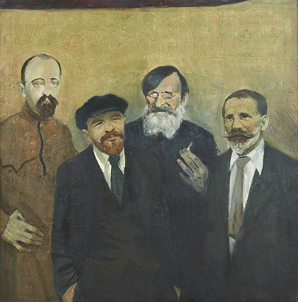 Lenin i członkowie Tymczasowego Polskiego Komitetu Rewolucyjnego (Polrewkom) w 1920 roku: Feliks Dzierżyński, Julian Marchlewski, Feliks Kon. Janusz Kaczmarski, ok. 1961 r.; własność Muzeum Zamoyskich w Kozłówce Od lewej, w ujęciu od bioder, en face albo prawie na wprost: Feliks Dzierżyński (w długiej brązowozielonej kurtce), Włodzimierz Lenin (w ciemnej czapce, garniturze, krawacie i jasnej koszuli), Feliks Kon (w okularach, ciemnej kurtce, z papierosem), Julian Marchlewski (w ciemnym garniturze, jasnej koszuli i krawacie). Wszyscy z pełnym zarostem.
Tło żółtozielone.