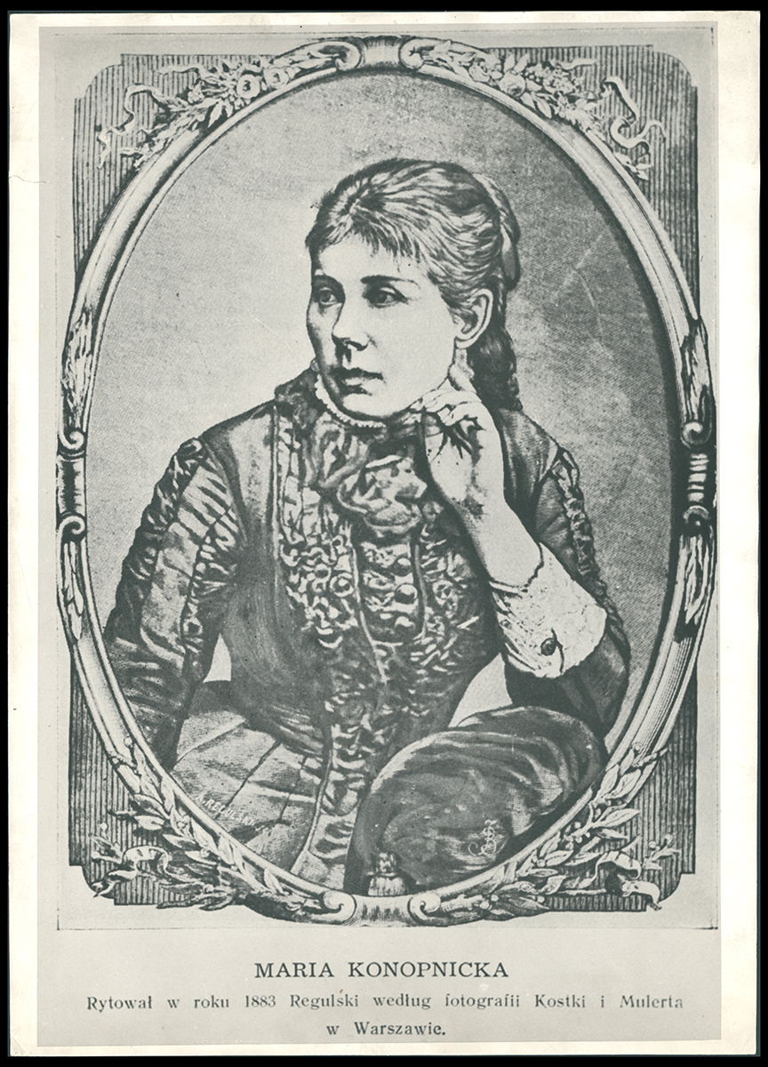 . Portret Marii Konopnickiej, drzeworyt Aleksandra Regulskiego według rysunku Józefa Buchbindera (1883) / Polona.pl Portret Marii Konopnickiej, drzeworyt Aleksandra Regulskiego według rysunku Józefa Buchbindera z 1883 roku. Na fotografii popiersie młodej kobiety w stylowej sukni, z twarzą odwróconą w prawą stronę. Lewą ręką podpiera swój podbródek.