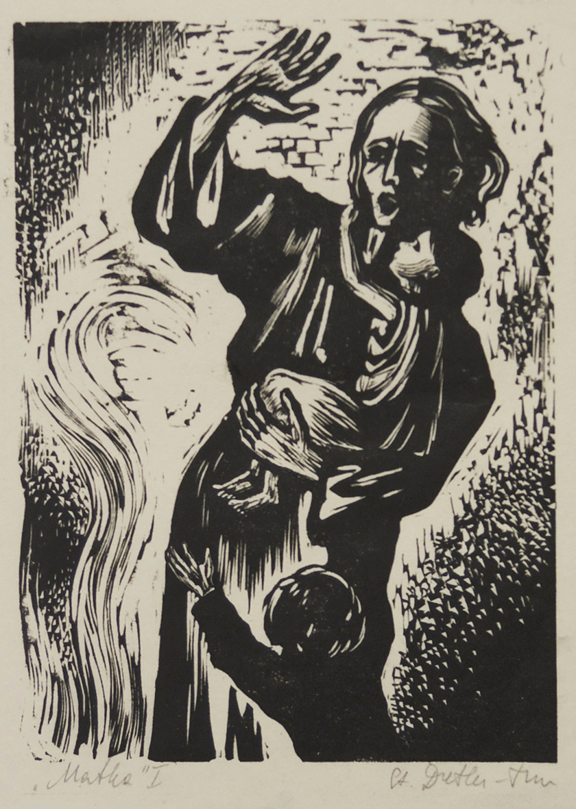 Stefania Dretler-Flin, Matka I, z cyklu „Ghetto”, drzeworyt, papier czerpany, Kraków, 1953-1954, 20 x 15 cm, nr inw. MPK/SW/2702 Grafika w technice drzeworytu pod tytułem „Matka I”, autorstwa Stefanii Dretler-Flin Przedstawia kobietę stojącą na tle ceglanego muru. Podniesioną prawą ręką osłania przed płomieniami dziecko trzymane lewą ręką; przed nią, nieco poniżej stoi drugie dziecko, z wyciągniętymi do góry rękami.