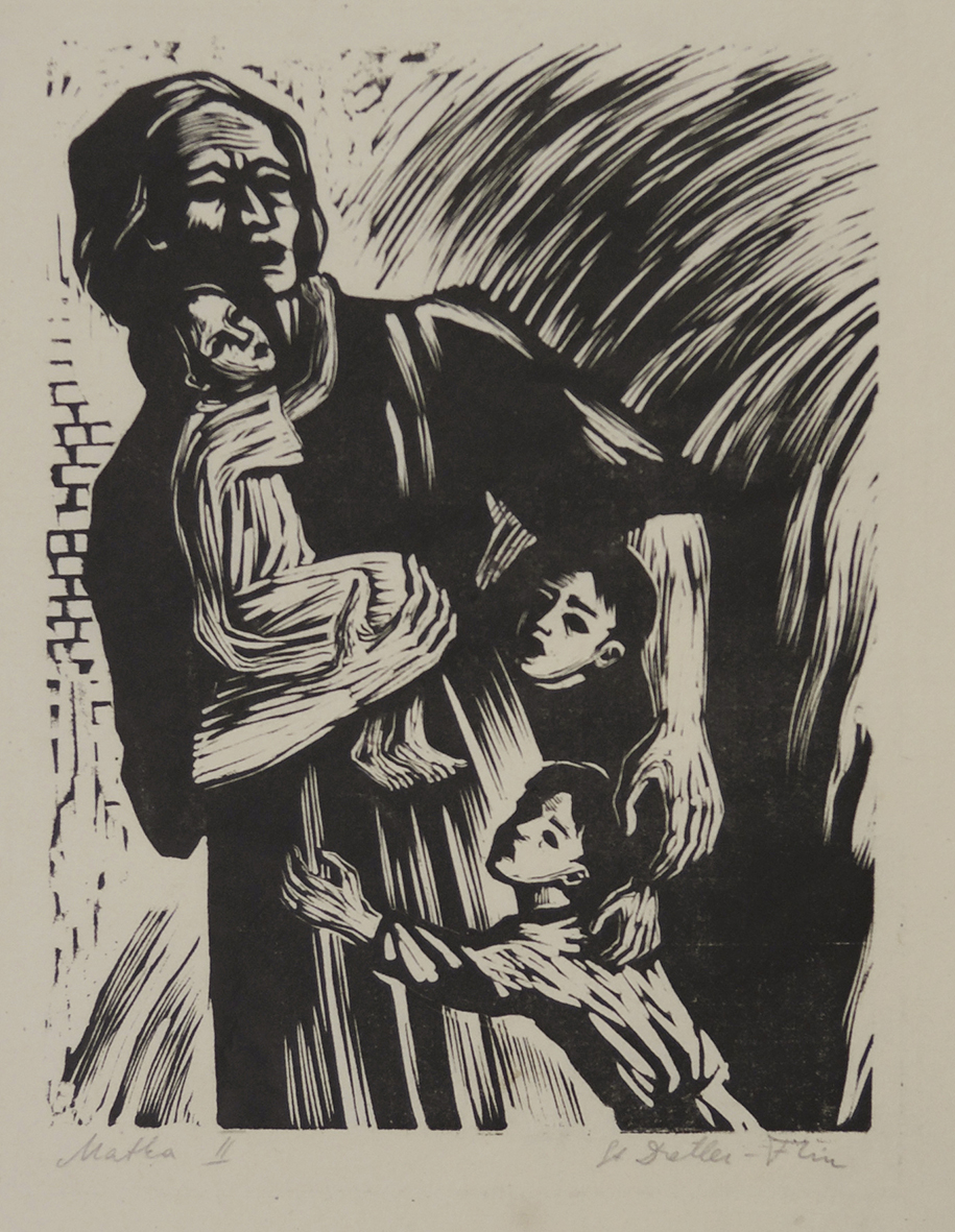 Grafika w technice drzeworytu pod tytułem „Matka II”, autorstwa Stefanii Dretler-Flin. Przedstawia kobietę stojącą na tle ceglastego muru, z małym dzieckiem na prawej ręce. Opuszczoną lewą ręką osłania stojącą poniżej dwójkę starszych dzieci.