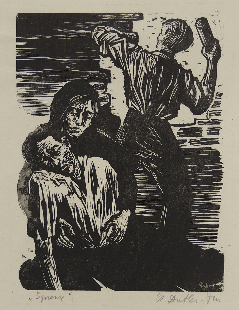 Stefania Dretler-Flin, Synowie, z cyklu „Ghetto”, drzeworyt, papier czerpany, Kraków, 1953-1954, 19,8 x 15,2 cm, nr inw. MPK/SW/2704 Grafika w technice drzeworytu pod tytułem „Synowie”, autorstwa Stefanii Dretler-Flin. Przedstawia kobietę podtrzymującą leżącego mężczyznę, ujętych na tle ceglastego muru. Z prawej strony widoczny młody mężczyzna rzucający granat lub butelkę zapalającą.