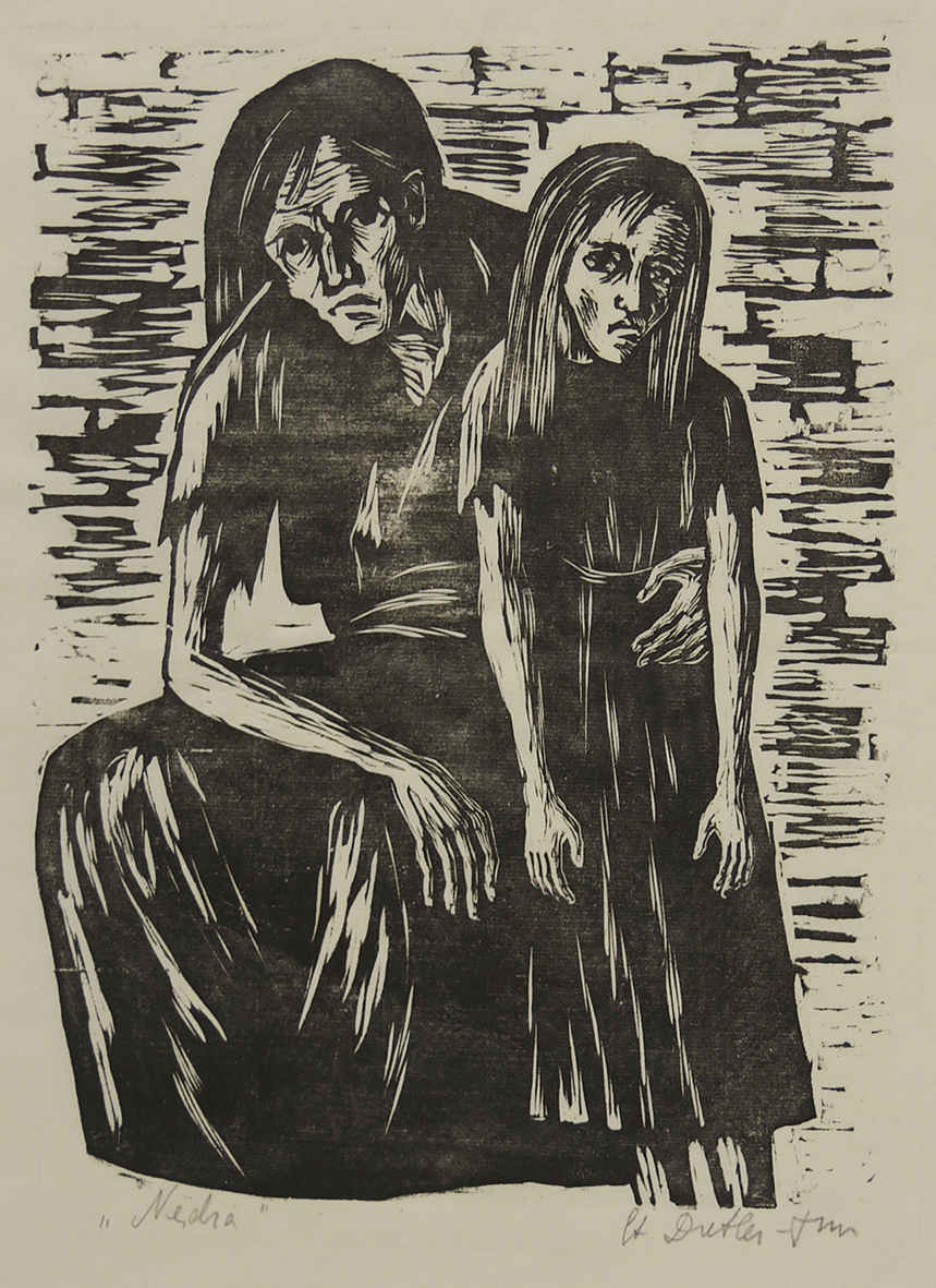 Stefania Dretler-Flin, Nędza, z cyklu „Ghetto”, drzeworyt, papier czerpany, Kraków, 1953-1954, 19,8 x 15,3 cm, nr inw. MPK/SW/2706 Grafika w technice drzeworytu pod tytułem „Nędza”, autorstwa Stefanii Dretler-Flin. Przedstawia dwie wychudzone postacie na tle ceglastego muru. Kobieta siedząca po lewej podtrzymuje lewą ręką stojącą po prawej dziewczynkę.