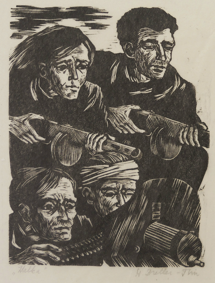 Stefania Dretler-Flin, Walka, z cyklu „Ghetto”, drzeworyt, papier czerpany, Kraków, 1953-1954, 19,5 x 15 cm, nr inw. MPK/SW/2709 Grafika w technice drzeworytu pod tytułem „Walka”, autorstwa Stefanii Dretler-Flin Przedstawia grupę czterech mężczyzn, zwróconych w prawą stronę. Dwóch z nich, w górnej części pola obrazowego, z karabinami typu „pepesza” w rękach; dwóch widocznych na dole obsługuje ckm. Jeden z mężczyzn ma zabandażowaną głowę.