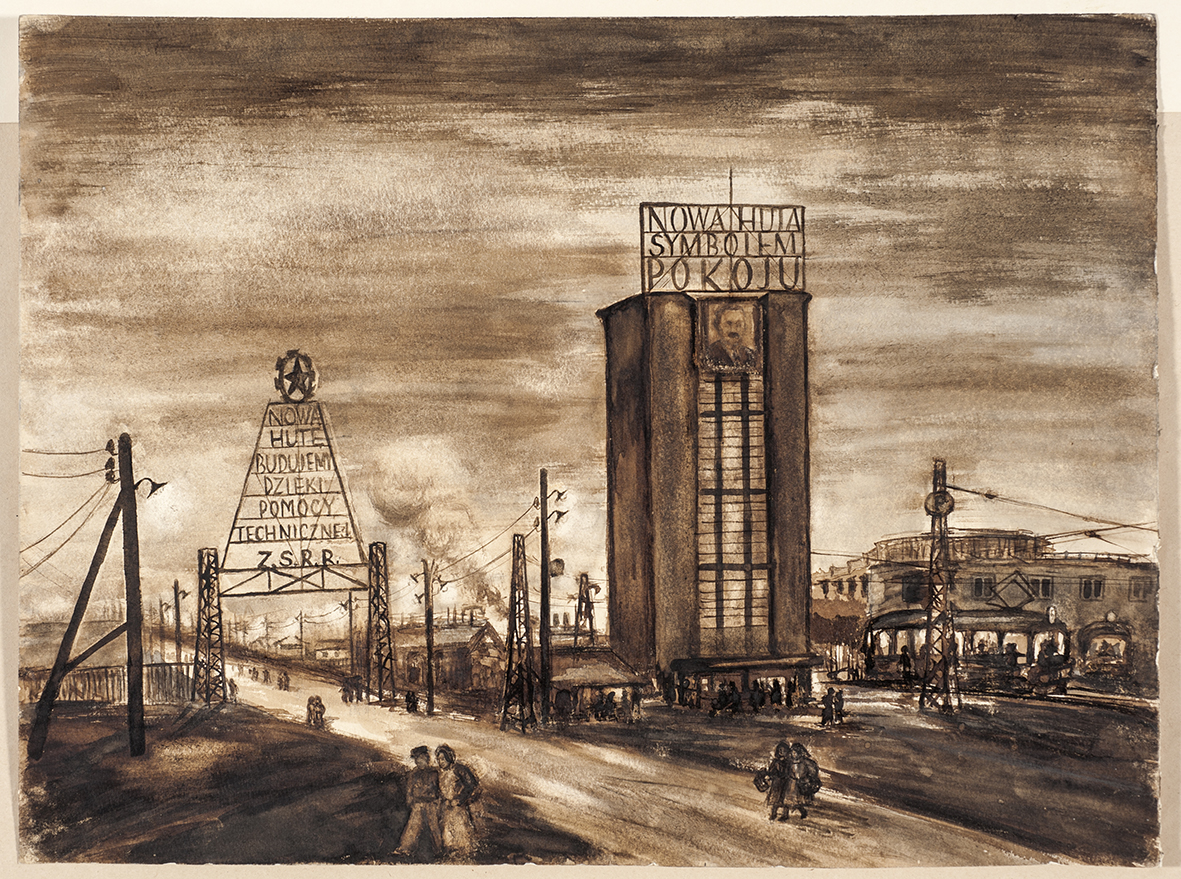 Danuta Boguszewska-Chlebowska, Wjazd do kombinatu Nowa Huta, przed 1954, papier, tusz, 27 x 39,5 cm; MPK/SW/1216 Rysunek ciemnym tuszem na papierze przedstawiający widok na fragment zabudowy fabrycznej w Nowej Hucie. Od prawej biegnąca po skosie w głąb ulica, z widoczną bramą fabryczną, słupami trakcji elektrycznej, konturami budynków oraz zarysami postaci ludzkich; nad bramą fabryczną, na dwóch stalowych konstrukcjach napis propagandowy zwieńczony gwiazdą: „NOWA HUTĘ BUDUJEMY DZIĘKI POMOCY TECHNICZNEJ Z.S.R.R.”. Obok bramy po prawej wysoki budynek z pionowym rzędem szerokich okien pośrodku, z dużym portretem Bolesława Bieruta u góry, nad budynkiem hasło propagandowe: „NOWA HUTA SYMBOLEM POKOJU”. W głębi po prawej narożny fragment dwukondygnacyjnego budynku, dwa tramwaje, trakcja tramwajowa i zarysy postaci ludzkich. W tle zachmurzone niebo i unoszące się dymy z kominów fabrycznych.