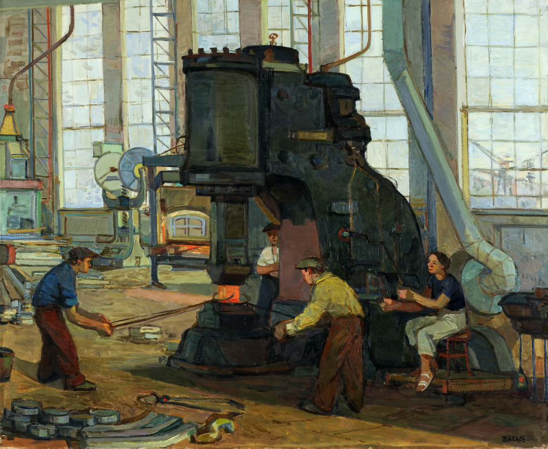 Franciszek Barącz, W kuźni mechanicznej Kombinatu im. Lenina, ok. 1954, płótno, olej, 121 x 147 cm; MPK/SW/865 Obraz olejny na płótnie przedstawiający fragment hali fabrycznej z wysokimi oknami. W centrum kompozycji ciemnozielony młot mechaniczny, obsługiwany przez cztery osoby: trzech stojących mężczyzn oraz kobietę siedzącą na krześle. Dwaj robotnicy długimi szczypcami trzymają pod młotem rozżarzony do czerwoności kawałek żelaza.