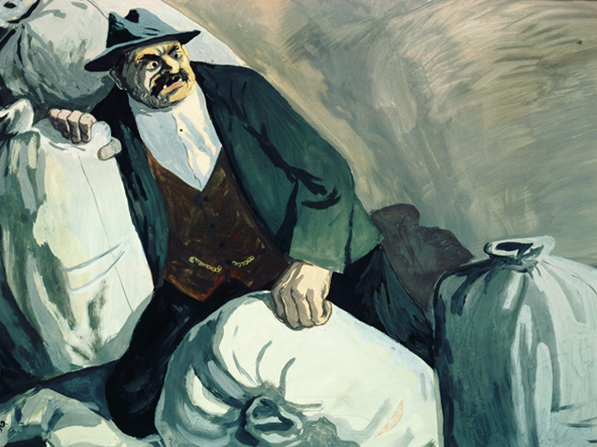 Ignacy Witz, „Kułak”, 1950; tempera, tektura; 39 x 78 cm; MPK/SW/508 Zdjęcie obrazu miesiąca – zatytułowane „Kułak”, autor Ignacy Witz. Tytułowy wróg ludu, czyli Kułak, przedstawiony wśród worków ze zbożem, które chce ukryć przed władzą ludową. Postać przechylona, jakby symbolicznie „chyląca się ku upadkowi”. Całość kontrastowa – ciemno ubrana postać z obowiązkowymi atrybutami przedwojennej rzeczywistości, takimi jak kamizelka czy zegarek z dewizką – na jasnym tle zbudowanym przestrzennie przez piętrzące się worki – prawa strona ucieka tłem w symboliczną nicość, niebyt. Twarz Kułaka niesympatyczna, oczy wytrzeszczone, braki w uzębieniu prezentują widok upadku fizycznego i moralnego dawnego obszarnika.