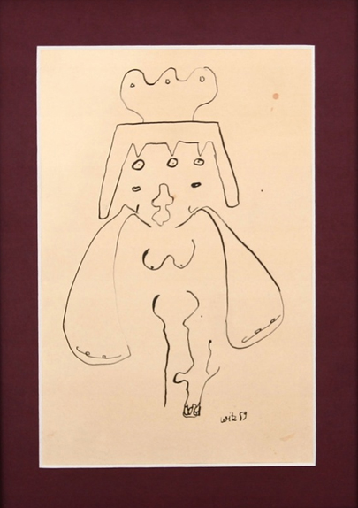 Projekt okładki do książki W. Gubariewa „Przygoda, jakiej nie było”, 1962; https://audycjekulturalne.pl/ignacy-witz/ Na wpół abstrakcyjny, na wpół figuratywny rysunek tuszem na papierze w kolorze sepii z końca lat 50-tych, przedstawiający jak mówi tytuł pracy - :Akt surrealistycznej Królowej”. Postać potraktowana skrótowo, niemal schematycznie, w duchu abstrakcji organicznej. Domyślamy się sylwety tytułowej królowej poprzez zarysowaną koronę rozchylony płaszcz oraz zarysowane piersi kobiece. Całość utrzymana w stylistyce modnych w tamtym czasie nawiązań do świata kształtów przyrody – odbić wodnych, powidoków.