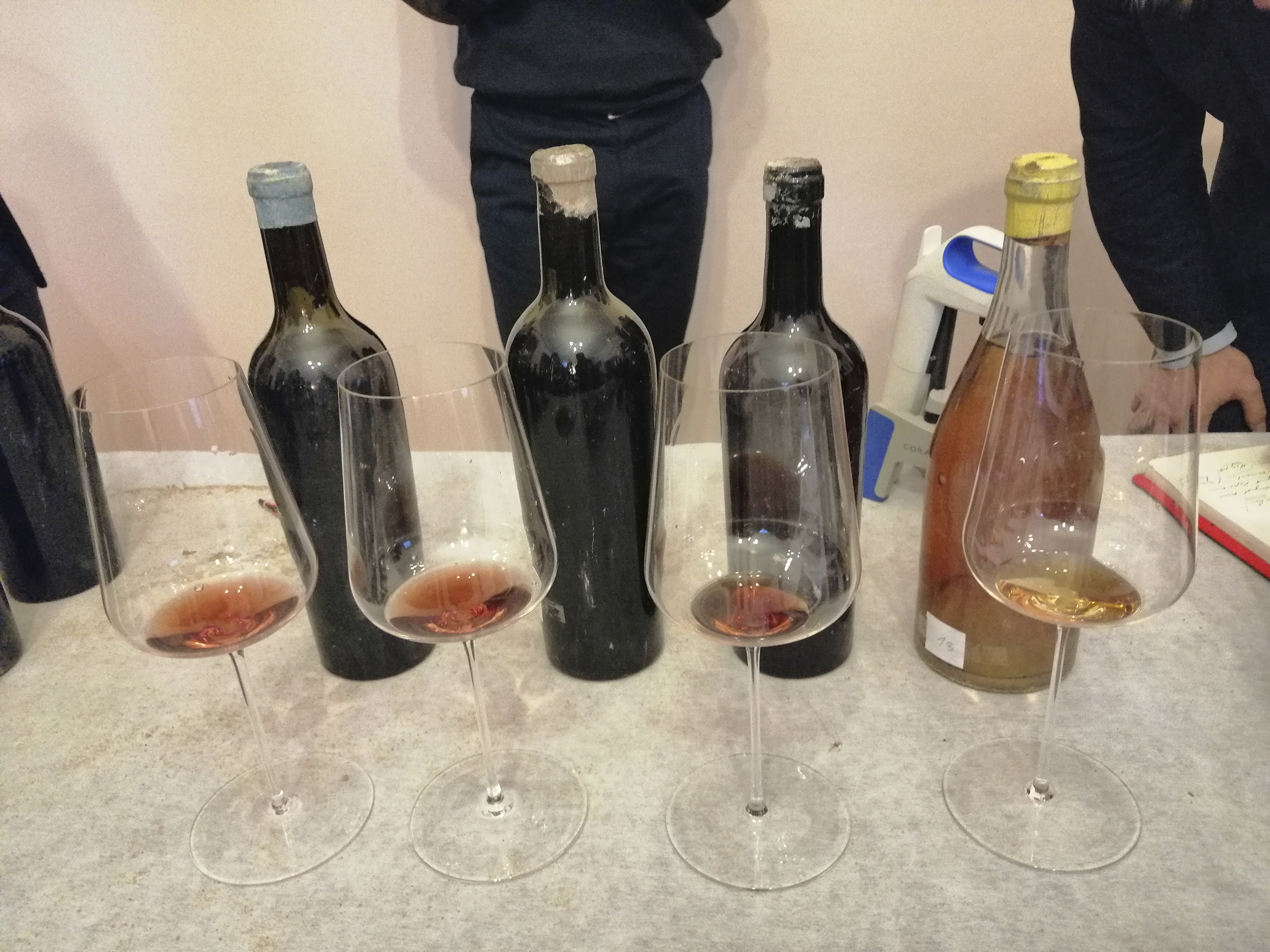Fotografia. Trzy butelki do wina o ciemnym zabarwieniu i jedna z jasnego szkła pokryte kurzem, przed nimi ustawione kieliszki do wina z odrobiną napoju w środku.
