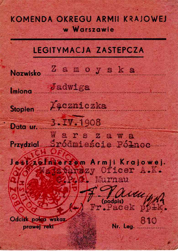 Legitymacja zastępcza żołnierza AK wystawiona dla Jadwigi Zamoyskiej, fot. z archiwum rodziny Zamoyskich