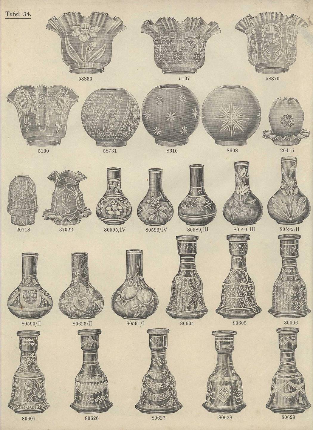 Strona katalogu z ofertą handlową różnorodnych szklanych kloszy, Katalog der Glasfabriken Josef Rindshop’s Söhne, Teplitz-Schönau (Böhmen), 1915, s. 34 Karta katalogu z wyrobami szklanymi przedstawiająca 26 różnych form kloszy do lamp.