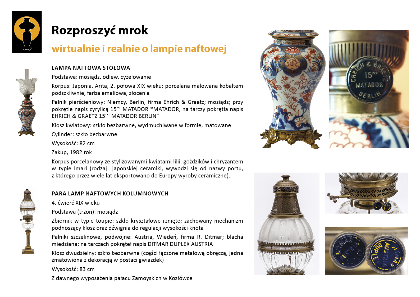 5. „Rozproszyć mrok”. Lampa naftowa stołowa i para lamp kolumnowych z Sypialni Konstantego Zamoyskiego 5. „Rozproszyć mrok”. Lampa naftowa stołowa i para lamp kolumnowych z Sypialni Konstantego Zamoyskiego
