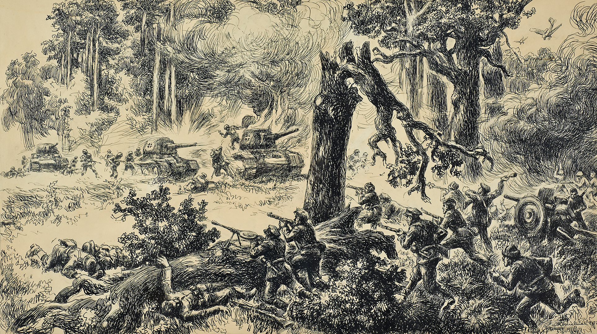 Mieczysław Kościelniak, „Bitwa w Lasach Janowskich”, 1952; tusz, papier, 56,5 x 94 cm, nr inw. MPK/SW/353 Grafika Mieczysława Kościelniaka, zatytułowana „Bitwa w Lasach Janowskich”, przedstawia moment natarcia niemieckich czołgów na grupę partyzantów. Scena rozgrywa się w lesie, na polanie wśród wysokich, pełnych zieleni drzew. Podzielona diagonalnie na dwie części od lewej do prawej strony, w centrum symbolicznie przełamane drzewo podkreśla dramatyzm sceny. Kompozycji dopełniają przedstawienia kłębiących się dymów z palącego się niemieckiego czołgu w lewej części obrazu oraz pożaru lasu w części lewej, spowodowanego nalotem samolotów przedstawionych w prawym, górnym rogu obrazu.