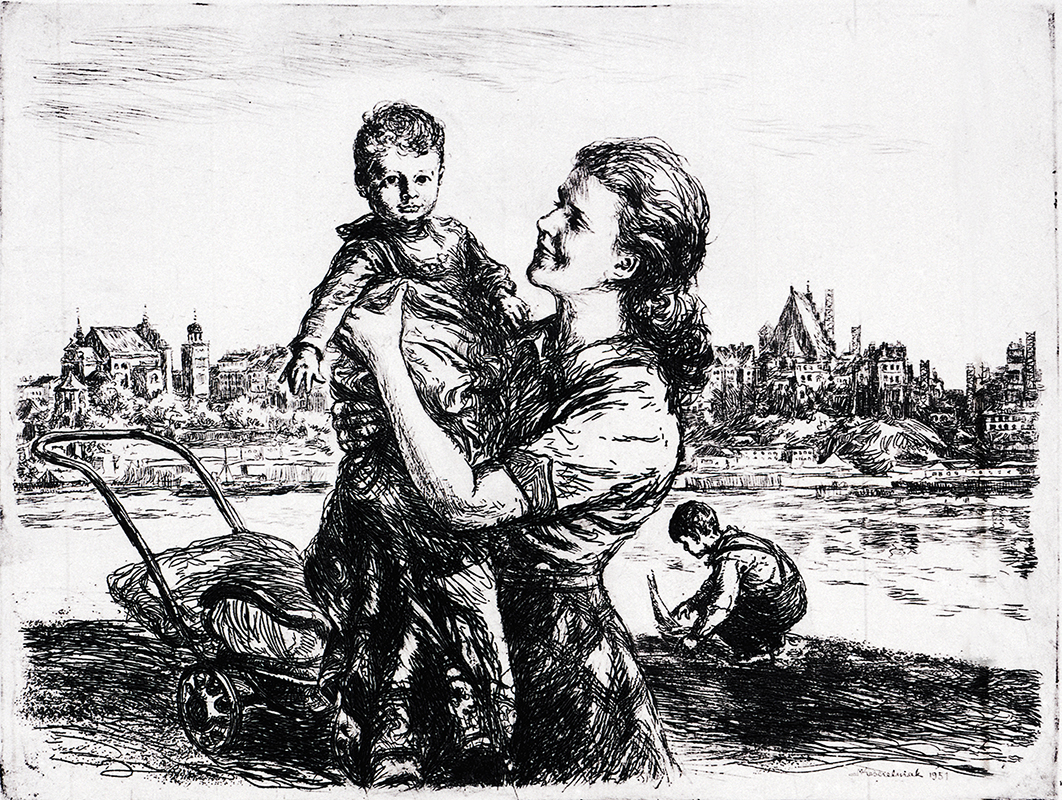 Mieczysław Kościelniak, „Odbudowa Warszawy”, 1951; akwaforta, papier r., 35 x 47 cm, nr inw. MPK/SW/354 Niezwykle ciepła w wyrazie grafika Mieczysława Kościelniaka, zatytułowana „Odbudowa Warszawy”, przedstawiaj młodą mamę w odświętnej sukience i upiętych w koński ogon włosach z dwojgiem dzieci – młodsze, około trzyletnie dziecko trzyma na rękach – obok stoi wózek, drugie starsze, około ośmioletnie bawi się na brzegu Wisły po praskiej stronie, w oddali na drugim brzegu widać zabudowę Starego Miasta.