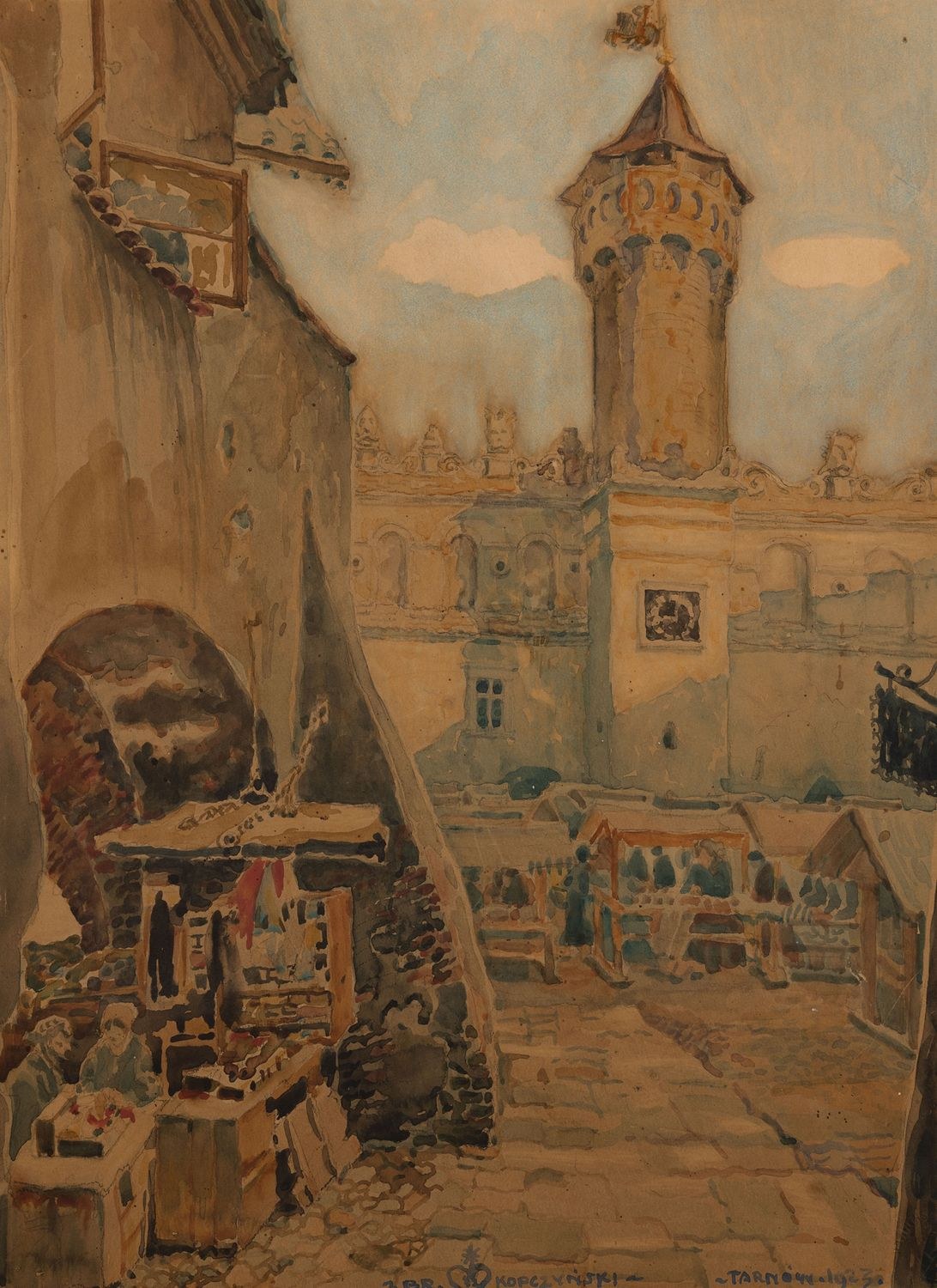 Bronisław Kopczyński, „Ratusz w Tarnowie”, 1923 r., akwarela, papier; 46 x 34 cm https://www.google.com/search?client=firefox-b-d&q=ratusz+w+tarnowie+bronis%C5%82aw+kopczy%C5%84ski#vhid=3JY0GIr_OuhZmM&vssid=l Ratusz w Tarnowie – podobnie jak w tytułowym dziele, mamy tu do czynienia z artystyczną dokumentacją zabytku, renesansowej perły miasta Tarnowa. Impresjonistyczne ujęcie, pastelowa kolorystyka, rozedrgana kreska dają widzowi wrażenie życia, pulsowania przedstawionej scenki – sztafaż w postaci przekupek rozstawiających swoje kramy przed Ratuszem dopełniają całości.