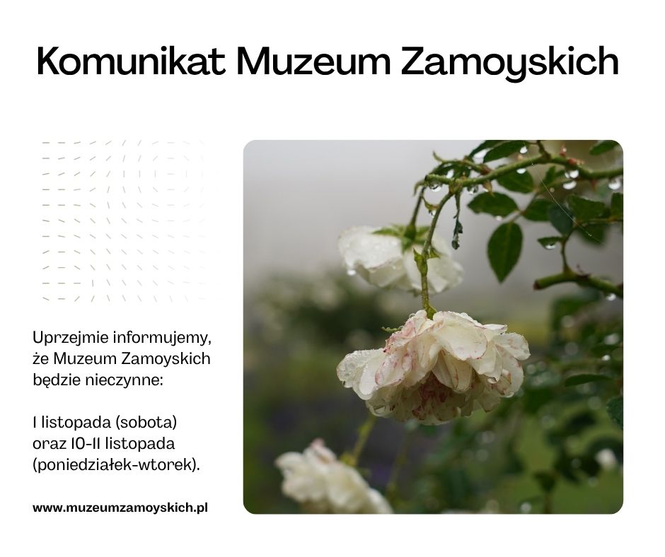 Grafika informacyjna Muzeum Zamoyskich. Po lewej stronie znajduje się tekst na białym tle, po prawej – zdjęcie białych róż zwisających z gałązki, pokrytych kroplami deszczu. W tle rozmyte, zielone liście i szare niebo, co nadaje zdjęciu melancholijny, jesienny nastrój.
W górnej części grafiki widnieje czarny napis:
„Komunikat Muzeum Zamoyskich”.
Niżej, po lewej stronie, umieszczono tekst:
„Uprzejmie informujemy, że Muzeum Zamoyskich będzie nieczynne:
1 listopada (sobota) oraz 10–11 listopada (poniedziałek–wtorek).”
Na dole, małymi literami:
„www.muzeumzamoyskich.pl”