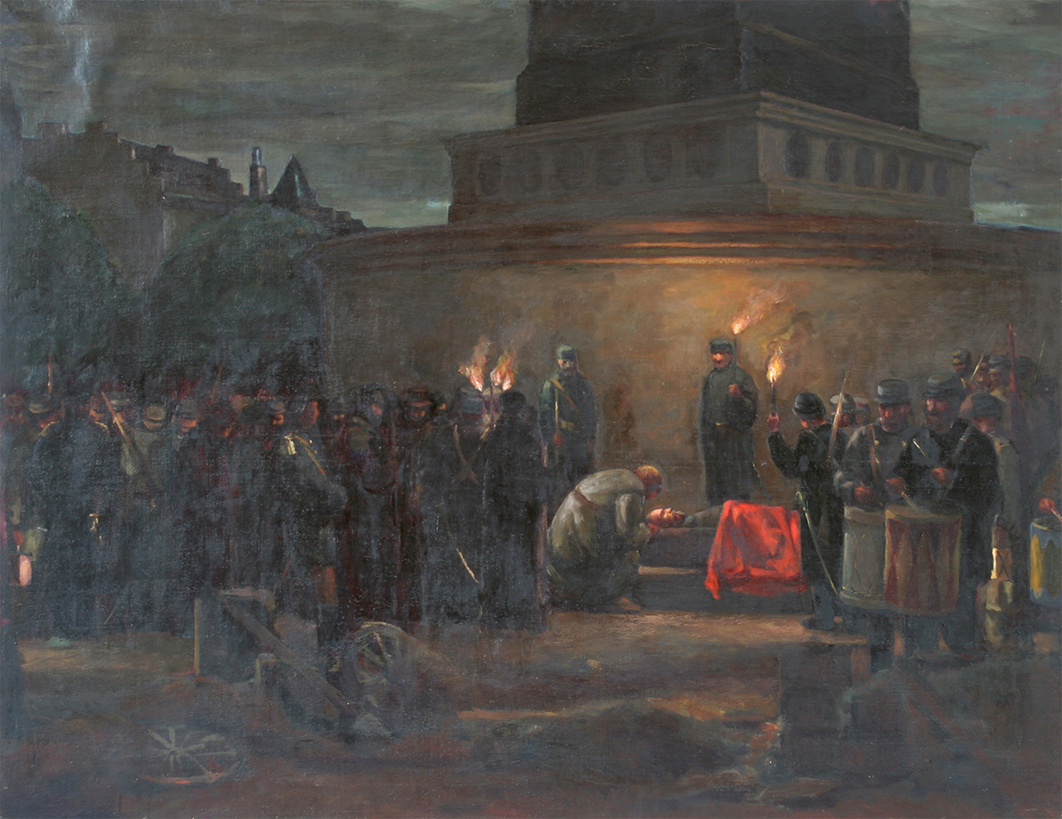 Rajmund Pietkiewicz, „Komunardzi żegnają Dąbrowskiego na Placu Bastylii”, ok. 1951, olej, płótno, wymiary 109 x 141 cm Rajmund Pietkiewicz, „Komunardzi żegnają Dąbrowskiego na Placu Bastylii”, ok. 1951, olej, płótno, wymiary 109 x 141 cm
