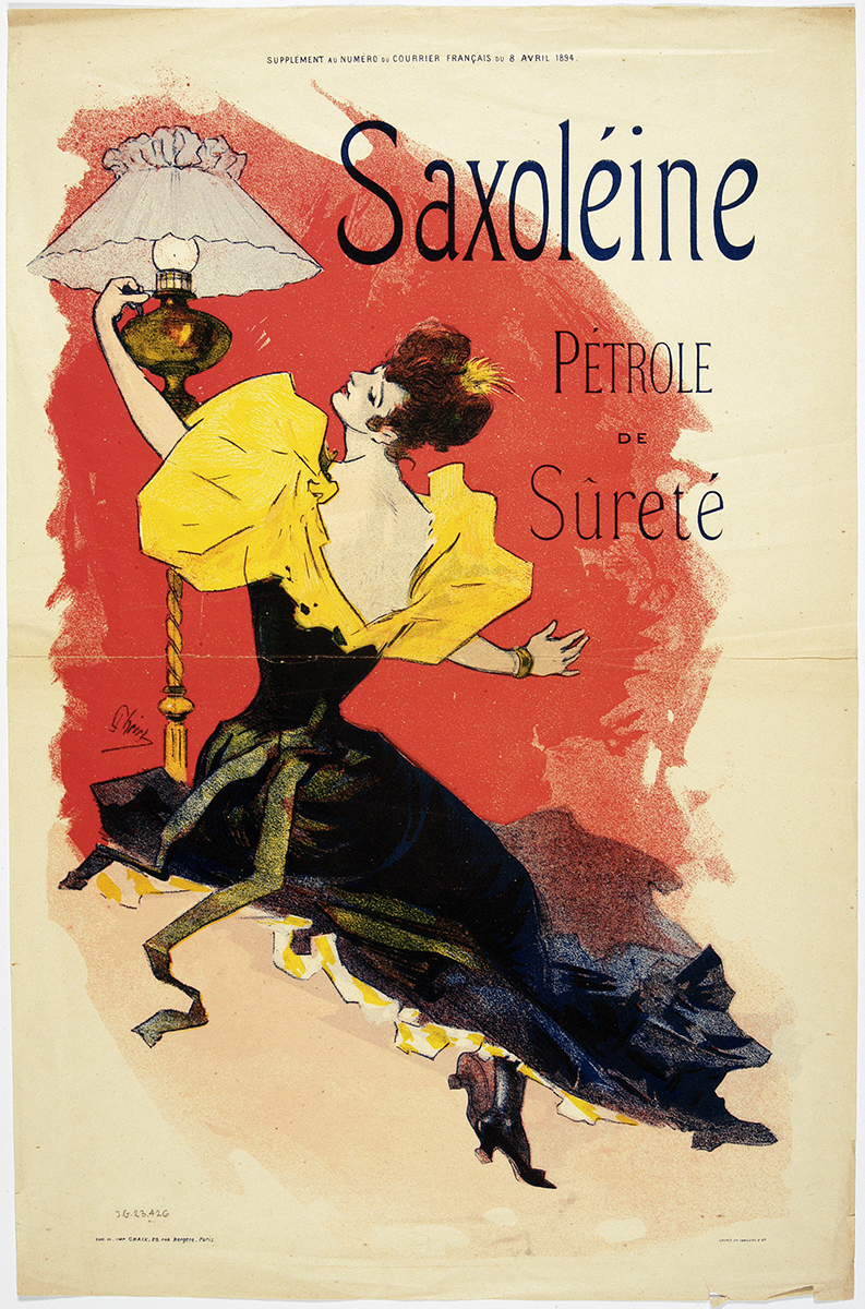 Plakat reklamowy w formie dodatku do „Courier Français” z dnia 8 kwietnia 1894 roku, źródło POLONA Fotografia przedstawia plakat reklamujący naftę. Jasne tło, w centrum mocna plama czerwieni. Na pierwszym planie młoda kobieta w czarnej sukni z bufiastymi, żółtymi rękawami, z odsłoniętymi plecami. Włosy wysoko upięte. Lewą ręką sięga do palnika wysokiej podłogowej lampy. Po prawej stronie kompozycji nazwa oferenta w języku francuskim.