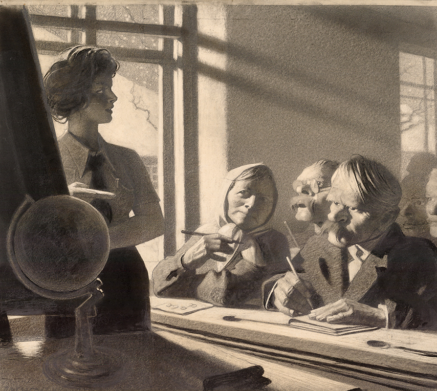 Rysunek ołówkiem i węglem autorstwa Stefana Żechowskiego z 1953 roku pod tytułem „Uczymy się pisać”. Przedstawia wnętrze klasy szkolnej. Po lewej, za stołem z globusem, na tle okna młoda nauczycielka, w stroju ZMP-owskim, z twarzą o drobnych, delikatnych rysach. Na prawo od niej uczniowie siedzący w ławce – są to: kobieta w chustce i wąsaty mężczyzna w średnim wieku, z piórami w rękach i zeszytami przed sobą. Za nimi starszy mężczyzna w okularach, z ogromnymi wąsami oraz zarysy innych głów. Twarze chłopów bryłowate, o grubych rysach, na granicy karykatury.