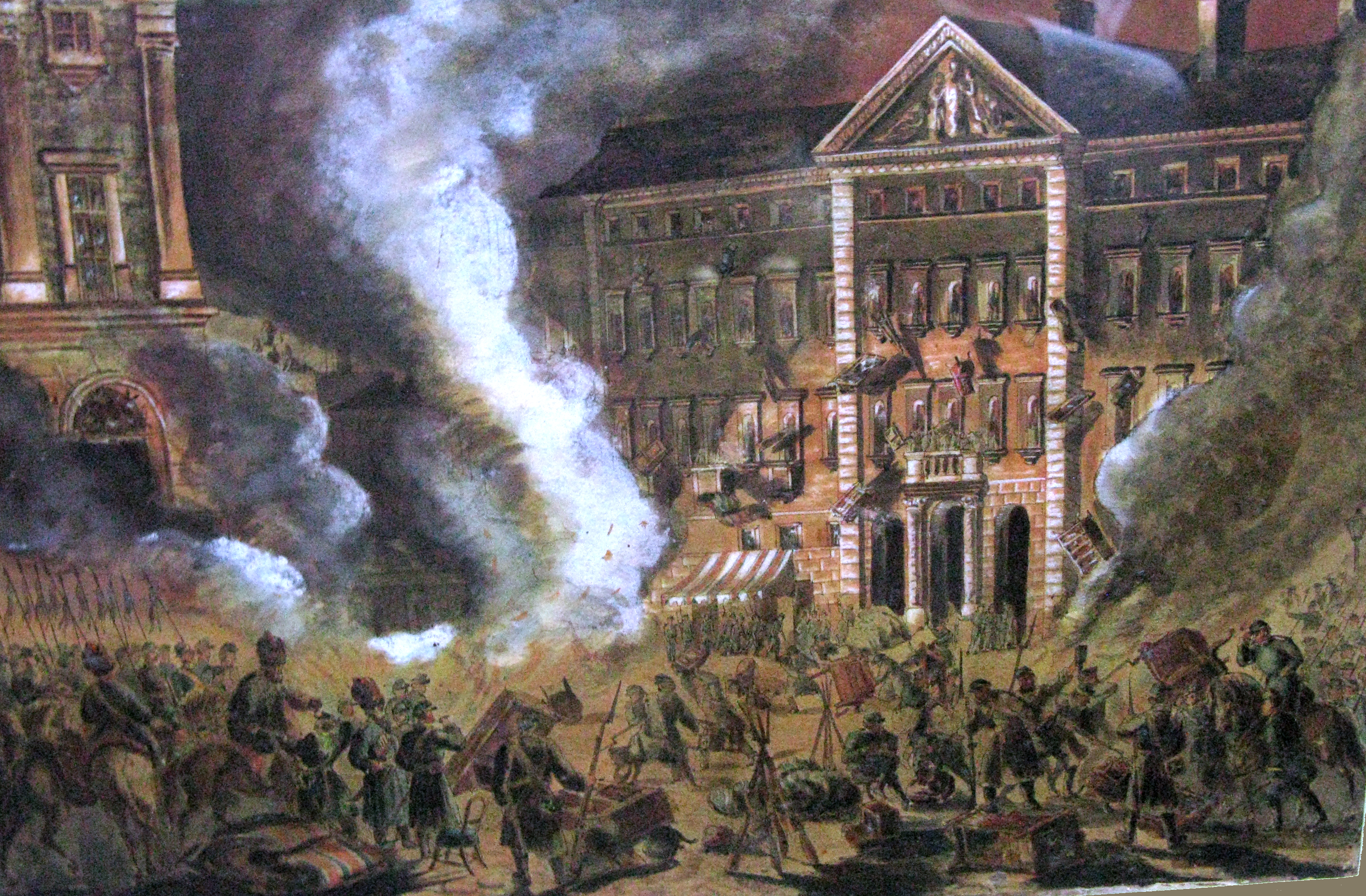 3. Wojsko rosyjskie demoluje Pałac Zamoyskich po zamachu na Berga; autor nieznany; źródło: https://commons.wikimedia.org/wiki/File:Russian_Imperial_Army_demolishing_Zamoyski_Palace_in_Warsaw_after_assassination_attempt_1863_1.png (dostęp z dnia 18.01.2023) Obraz olejny, przedstawiający scenę plądrowania pałacu Zamoyskich przy ulicy Nowy Świat w Warszawie przez żołnierzy rosyjskich w 1863 roku. Na pierwszym planie tłum żołnierzy z bronią palną zakończoną bagnetami, w tle budynek pałacu, w którego okien wyrzucane są meble i inne sprzęty domowe. Na placu przed budynkiem płonące stosy.