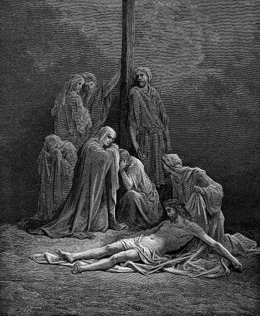 Gustav Doré, „Śmierć Jezusa” Na ziemi leży umierający Jezus którego podtrzymuje za głowę kobieta.
Jezus nie ma na sobie ubrań, przepasany jest poniżej bioder szatą. Ma długie włosy i brodę. Trzymająca go kobieta klęczy i próbuje nakryć Jezusa tkaniną. Jest ubrana w długą szatę. Ma zwróconą twarz w stronę sześciu osób stojących po prawej stronie. Postacie te ubrane są w długie szaty. Trzy kobiety klęczą, rękoma zasłaniają swoje twarze. Z tyłu za nimi stoją trzej mężczyźni. Dwaj mężczyźni opierają się o krzyż, jeden plecami, drugi ręką.