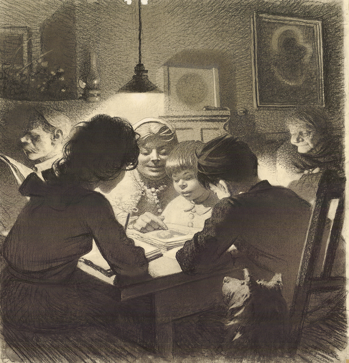 Rysunek ołówkiem i węglem autorstwa Stefana Żechowskiego z 1953 roku pod tytułem „Trzy pokolenia”. Przedstawia scenę w wiejskiej izbie: przy stole oświetlonym elektryczną lampą, ujęci en trois quarts od tyłu, kilkunastoletnia dziewczynka i trochę młodszy chłopiec odrabiają lekcje. Między nimi, po drugiej stronie stołu, ukazana na wprost kobieta pokazuje siedzącemu obok dziecku podobiznę Mickiewicza w otwartej książce. W głębi na lewo od tej grupy wąsaty mężczyzna czytający gazetę, na prawo półsiedząca na łóżku staruszka. Pośrodku na szafie głośnik radiowy, na ścianie po lewej lampa naftowa, po prawej nad łóżkiem obraz z Matką Boską Częstochowską.