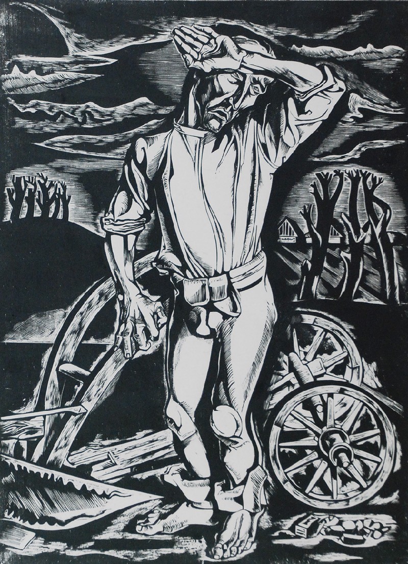 Tadeusz Kulisiewicz, „Oracz”, 1929; drzeworyt, papier, 34,5 x 25 cm; https://rempex.com.pl/events/115-168-aukcja-sztuki-dawnej/lots/13092-oracz-1929 Drzeworyt pt. „Oracz”, autorstwa Tadeusza Kulisiewicza. Pełen ekspresji całopostaciowy portret zmęczonego, ocierającego pot z czoła człowieka orającego pole. Postać stoi na tle narzędzia swojej pracy – pługa. Na dalszym planie pejzaż – groźny, niepokojący, podkreśla napięcie towarzyszące pracy rolnika.