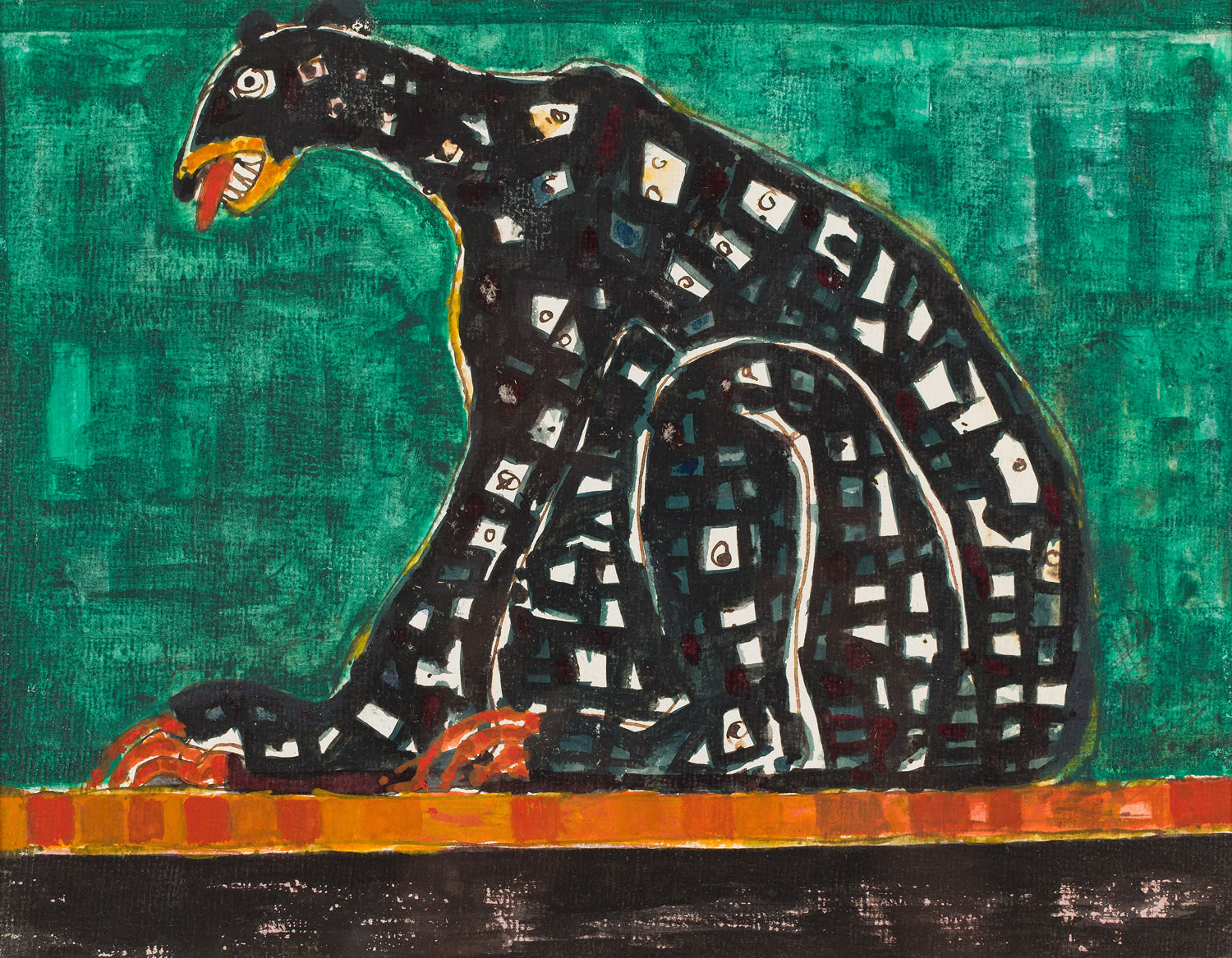 Tadeusz Kulisiewicz, „Zwierzę”; akwarela, tusz/papier, 20 x 26 cm, https://artinfo.pl/dzielo/zwierze-9416 Akwarela przedstawiająca duże, czarne zwierzę fantastyczne w pozycji siedzącej, na intensywnie zielonym tle. Czarne futro urozmaicone jaśniejszymi partiami przypominającymi mozaikę. Paszcza zwierzęcia na wpół otwarta – widoczne zęby i język. Długie pazury opierają się na pomarańczowym wykończeniu muru, na którym siedzi.