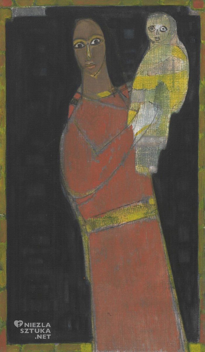 Tadeusz Kulisiewicz, „Macierzyństwo”, z cyklu „Meksyk”, 1959; piórko, tusz, papier, 30,5 x 24 cm, https://encyklopedia.pwn.pl/materialy-dodatkowe/haslo/Kulisiewicz-Tadeusz-Macierzynstwo;1030846.html Matka z dzieckiem na ręku, ukazana en face, niczym Madonna prezentująca Dzieciątko. Figura kobiety w czerwonej sukni odcina się wyraźnie od czarnego tła. Twarz smagła, czarne włosy zlewają się z tłem. Rysy dziecka i matki potraktowane syntetycznie, na wzór ludowych świątków. Uwagę zwracają oczy matki i dziecka – duże, wpatrujące się w widza.