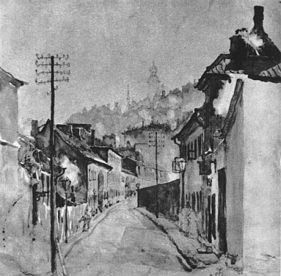 Bronisław Kopczyński, „Ulica Rybaki w 1919”, tusz lawowany, (papier?) http://www.warszawska.info/srodmiescie/rybaki-historia.html _Stairs_Street.jpg Ulica Rybaki na warszawskim Nowym Mieście. Nastrojowy szkic tuszem lawowanym z roku 1919. Uliczka pokazana na jej długości – perspektywa zbieżna, po obu stronach niewielkie, jedno i dwupiętrowe kamieniczki, o charakterze podmiejskim, w duchu domków rybackich. Na pierwszym planie po lewej stronie wysoki słup telegraficzny – pendant do niego, w oddali, na ostatnim planie majaczy zaznaczona lekko wysoka wieża zwieńczona cebulastym hełmem.