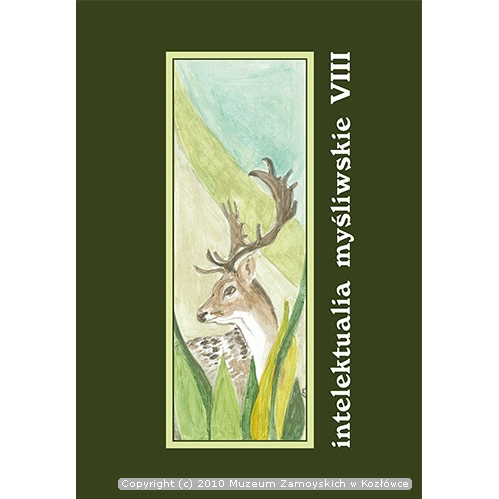 Okładka książki. Na ciemnozielonym tle w środkowej części rysunek przedstawiający młodego daniela ukrywającego się za roślinnością. Po prawej stronie od dołu do góry napis: intelektualia myśliwskie VIII